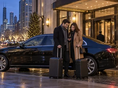 Two airport travelers with luggage beside an unbranded sedan at a Chicago hotel