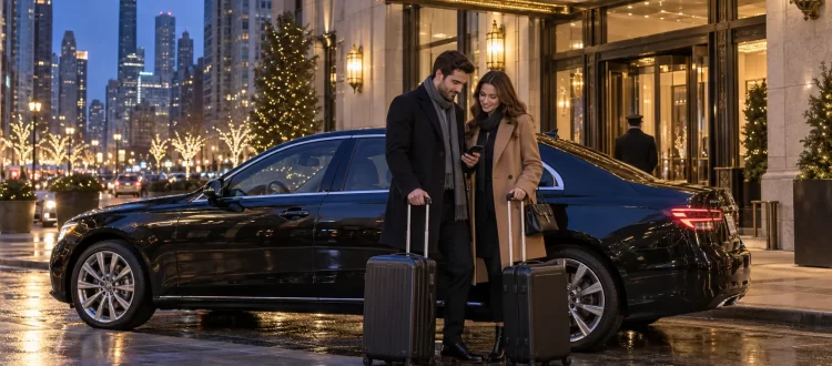 Two airport travelers with luggage beside an unbranded sedan at a Chicago hotel