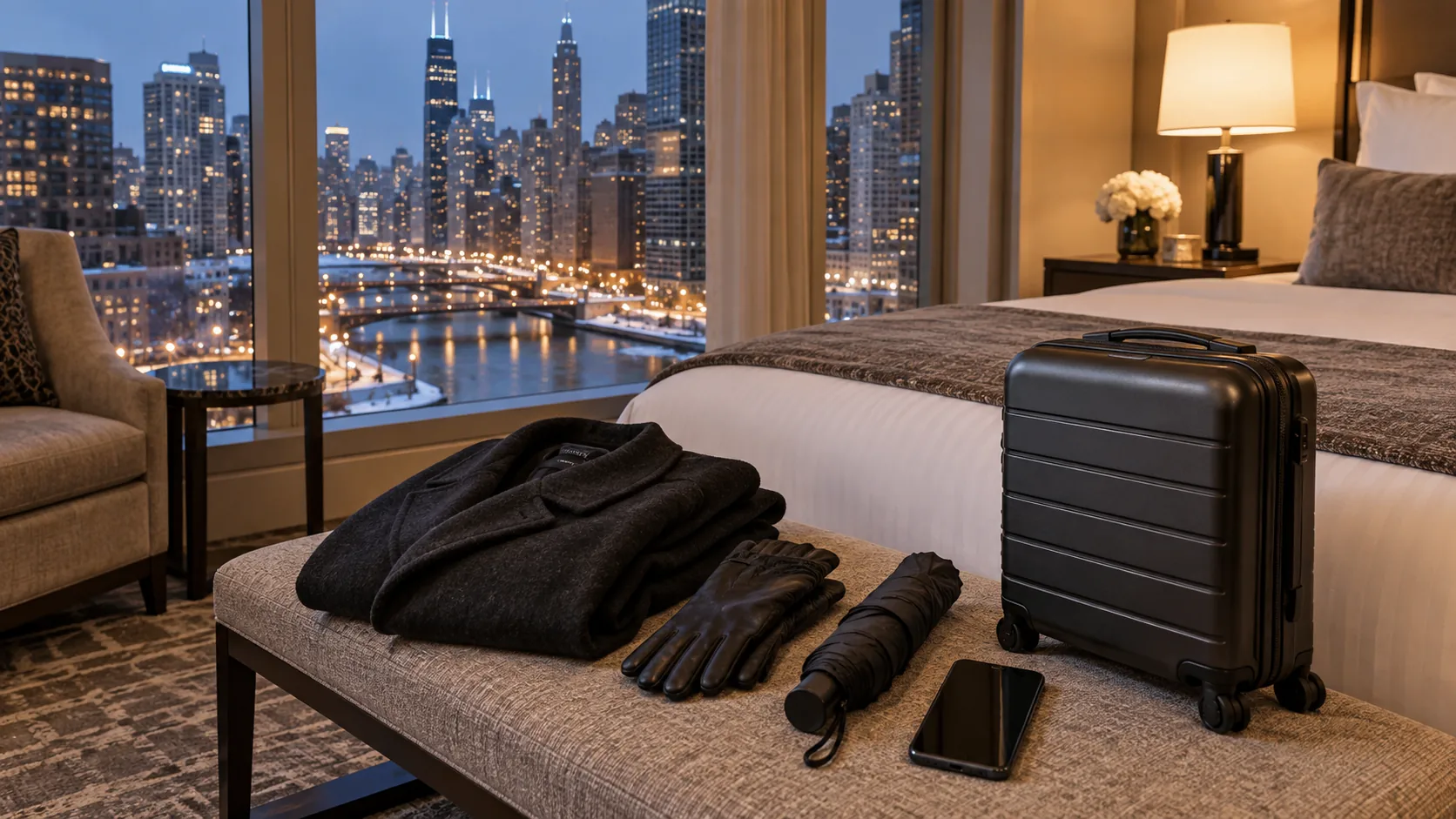 Return and readiness planning - Go Chicago Limo Winter clothing, an umbrella, luggage, and a dark-screen phone in a Chicago hotel room