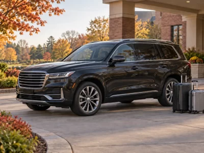 Dark SUV and two roller suitcases outside a brick suburban hotel
