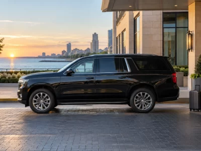Black SUV and suitcase beside a lakeside hotel at sunrise