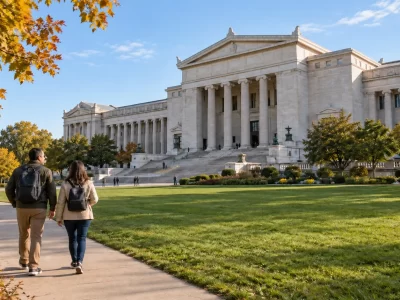 Two visitors with daypacks walk toward the Field Museum across a landscaped lawn