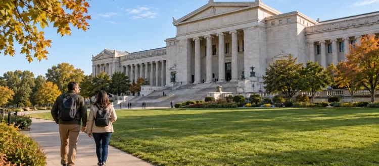 Two visitors with daypacks walk toward the Field Museum across a landscaped lawn