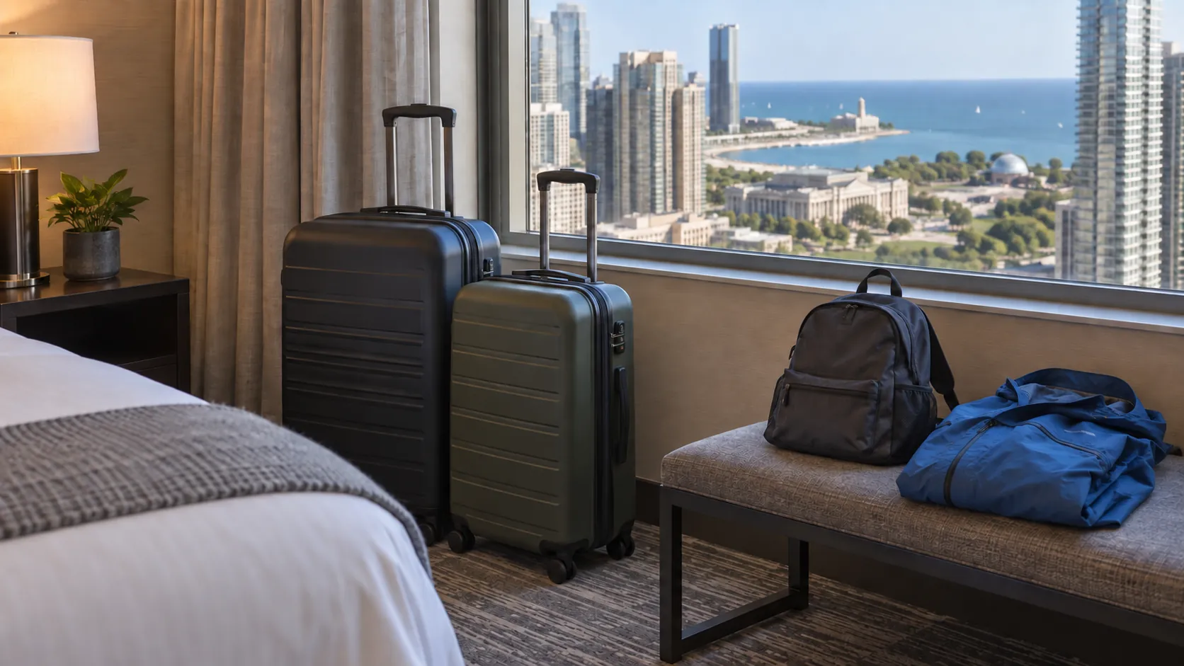 Hotel bags for a Museum Campus day - Go Chicago Limo Two rolling suitcases beside a daypack and blue jacket in a Chicago hotel room