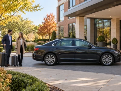 Two travelers with rolling suitcases beside a dark sedan at a leafy hotel entrance