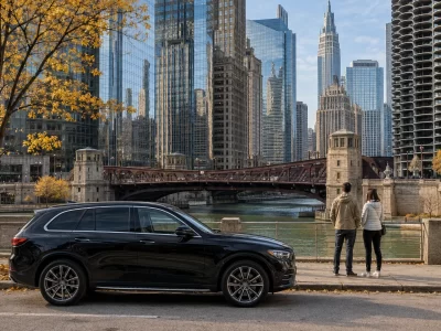 Two visitors beside a black SUV and the Chicago River in autumn
