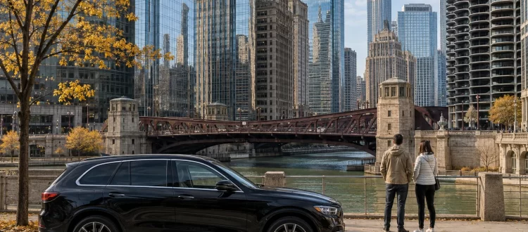 Two visitors beside a black SUV and the Chicago River in autumn