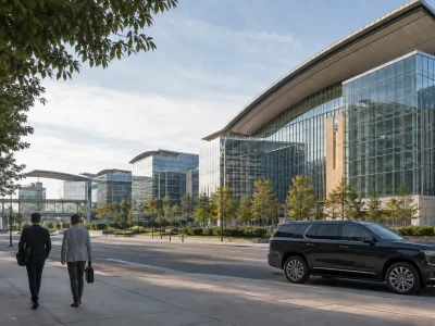 Two visitors with work bags beside a glass convention campus and a dark SUV