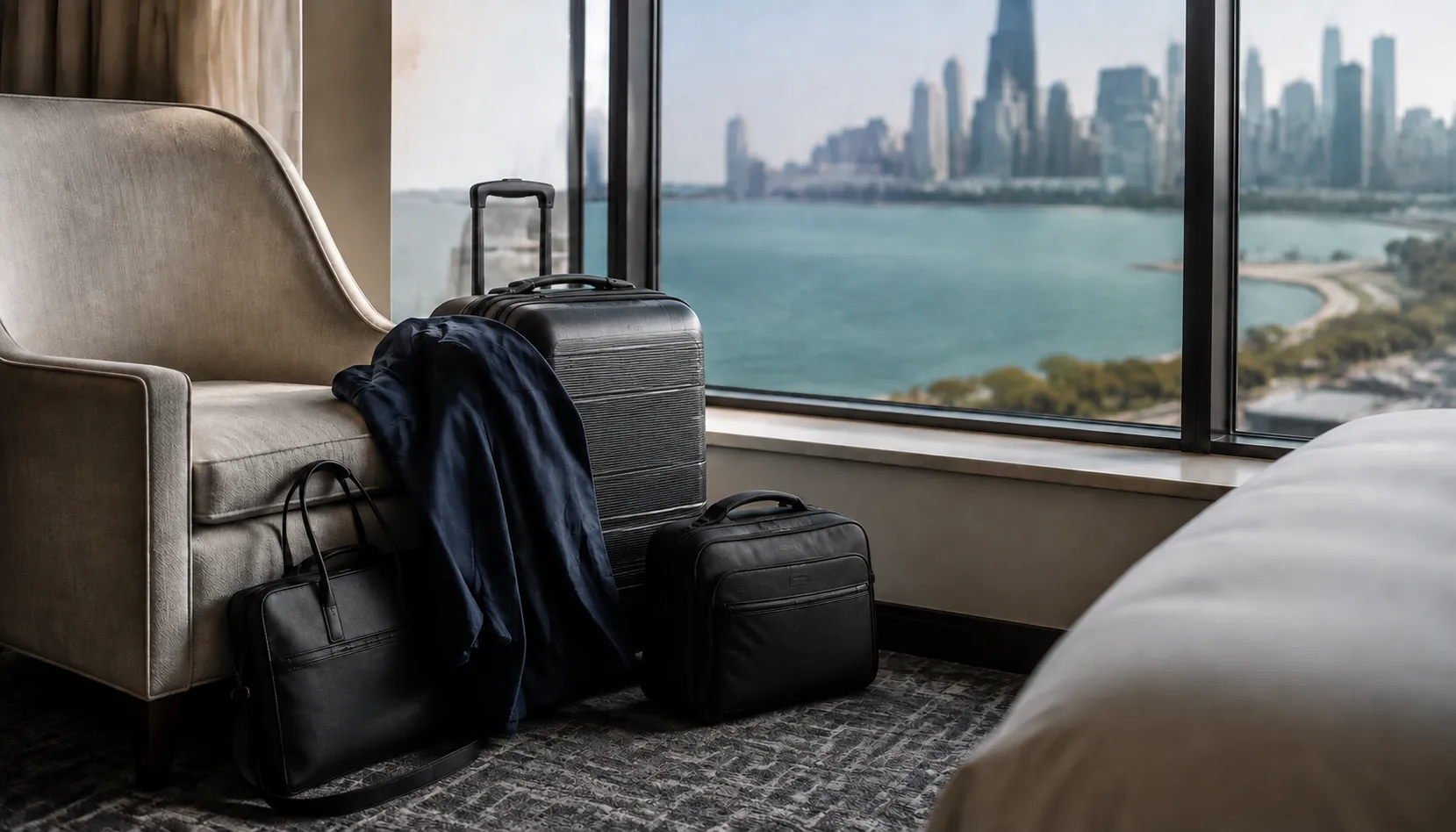 Airport luggage at a Chicago hotel - Go Chicago Limo Suitcases, a work bag, and a coat beside a hotel window overlooking the Chicago lakefront