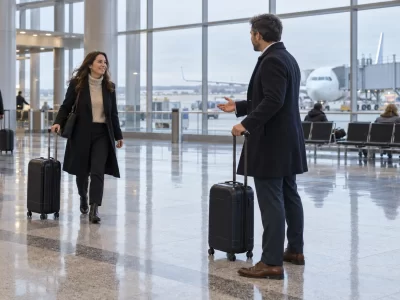 Two colleagues with roller suitcases meeting in an airport hall beside apron windows