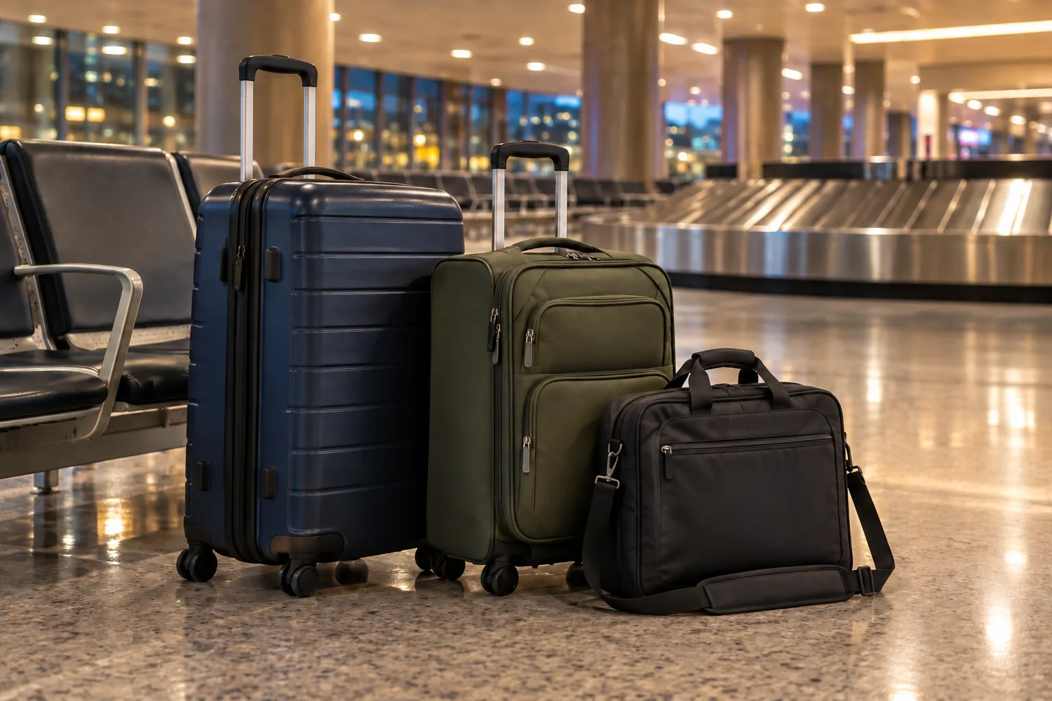 Collected luggage before a shared airport pickup - Go Chicago Limo Blue and green suitcases with a black work bag beside airport seats and a baggage carousel