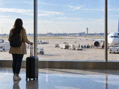 Traveler with a suitcase beside an airport window overlooking an aircraft