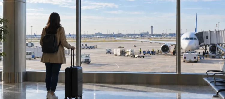 Traveler with a suitcase beside an airport window overlooking an aircraft