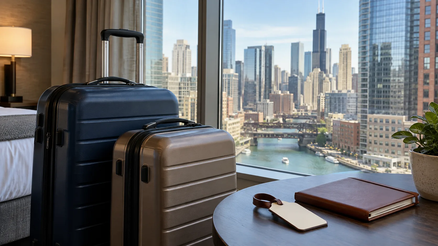 Two suitcases beside a hotel window overlooking the Chicago River and downtown buildings