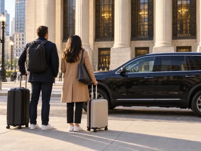 Two travelers with rolling cases beside Union Station limestone columns and a black SUV.