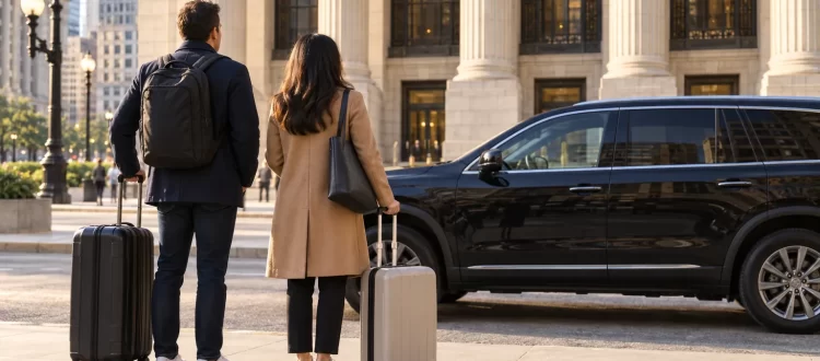 Two travelers with rolling cases beside Union Station limestone columns and a black SUV.