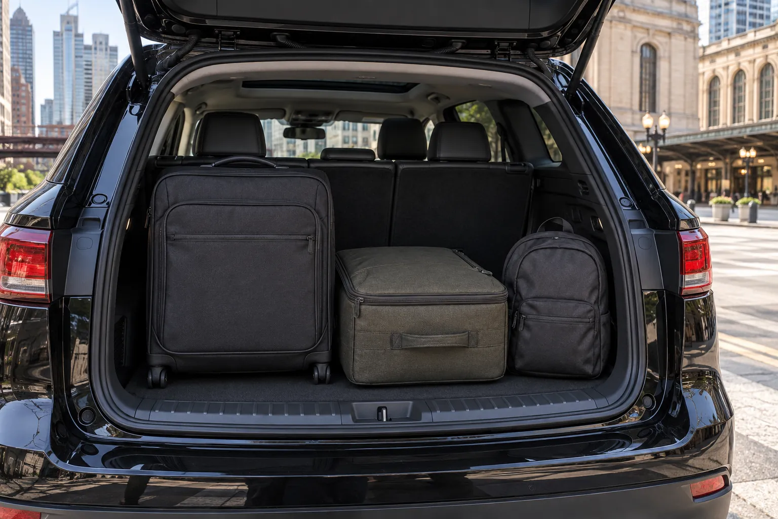 Two plain cases and a backpack arranged in an SUV cargo compartment.