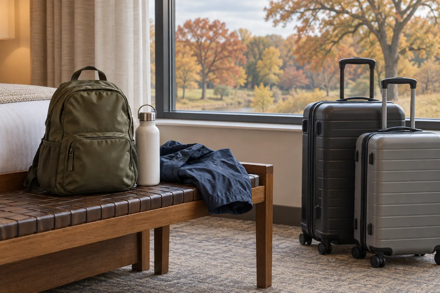 Olive backpack, water bottle and jacket on a bench beside two suitcases