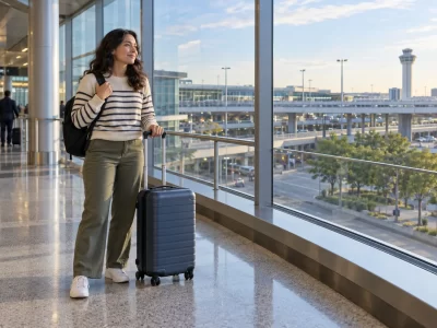 Traveler with a rolling suitcase and backpack beside airport windows