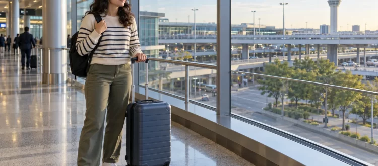 Traveler with a rolling suitcase and backpack beside airport windows