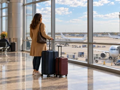 Traveler with two rolling suitcases beside airport windows before an onward transfer