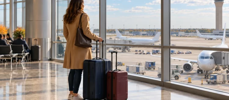 Traveler with two rolling suitcases beside airport windows before an onward transfer