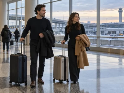 Two travelers with rolling suitcases and winter coats in a public airport hall