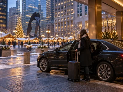 Traveler with a suitcase beside a dark sedan near a Chicago holiday plaza