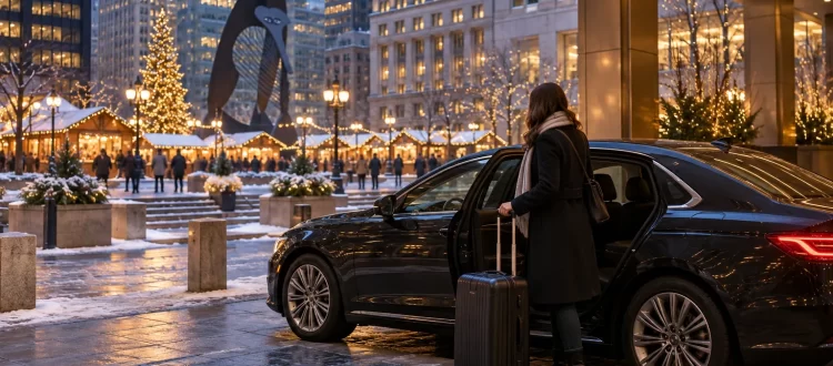 Traveler with a suitcase beside a dark sedan near a Chicago holiday plaza