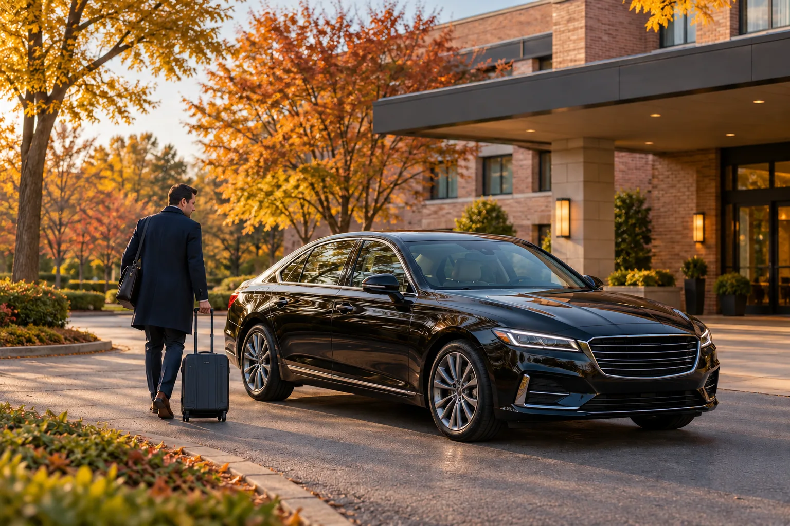 Hotel departure after a business meeting - Go Chicago Limo Business traveler with a suitcase beside a black sedan at an autumn hotel entrance