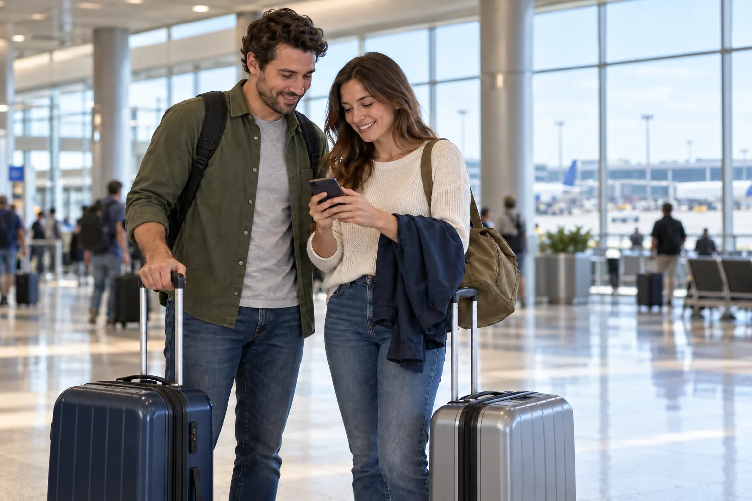 Two travelers with rolling suitcases checking a phone in a public airport hall