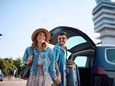 A couple beside an open car luggage compartment near an airport terminal