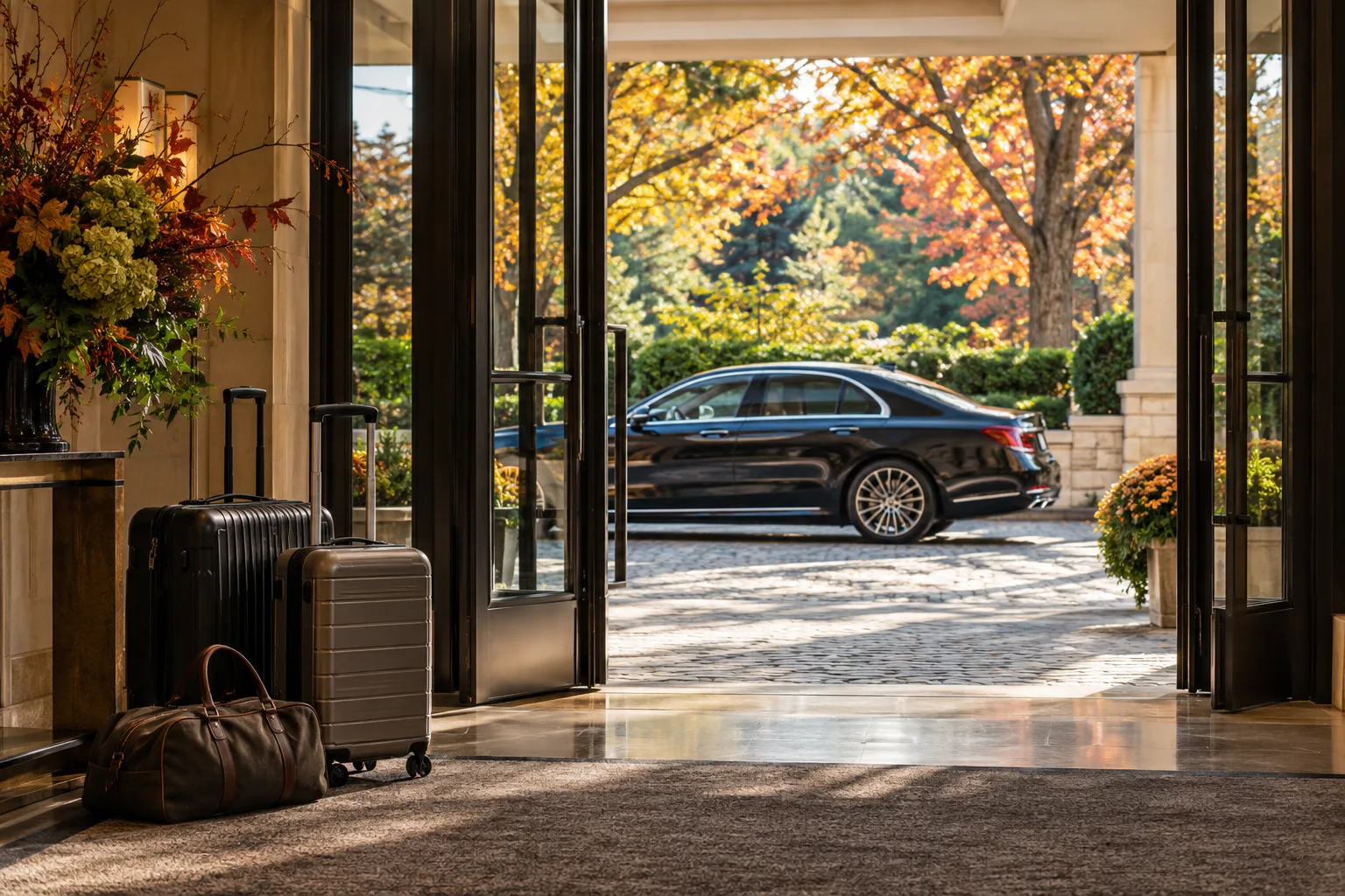 Two wheeled suitcases and a travel bag inside an entry foyer with a dark sedan outside