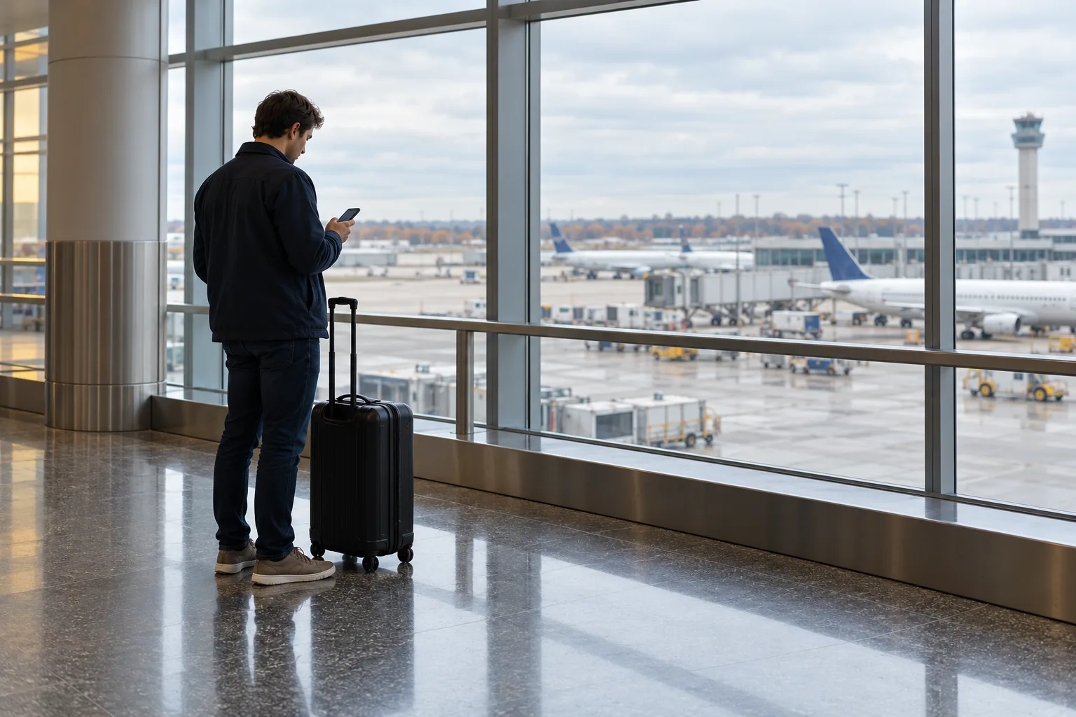 Traveler checking a phone with luggage - Go Chicago Limo Traveler checking a phone beside a black rolling suitcase in a bright airport hall