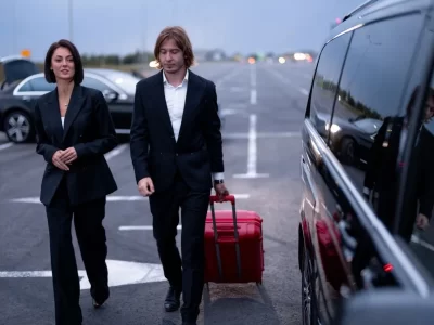 Two business travelers with a red rolling suitcase beside a dark passenger van