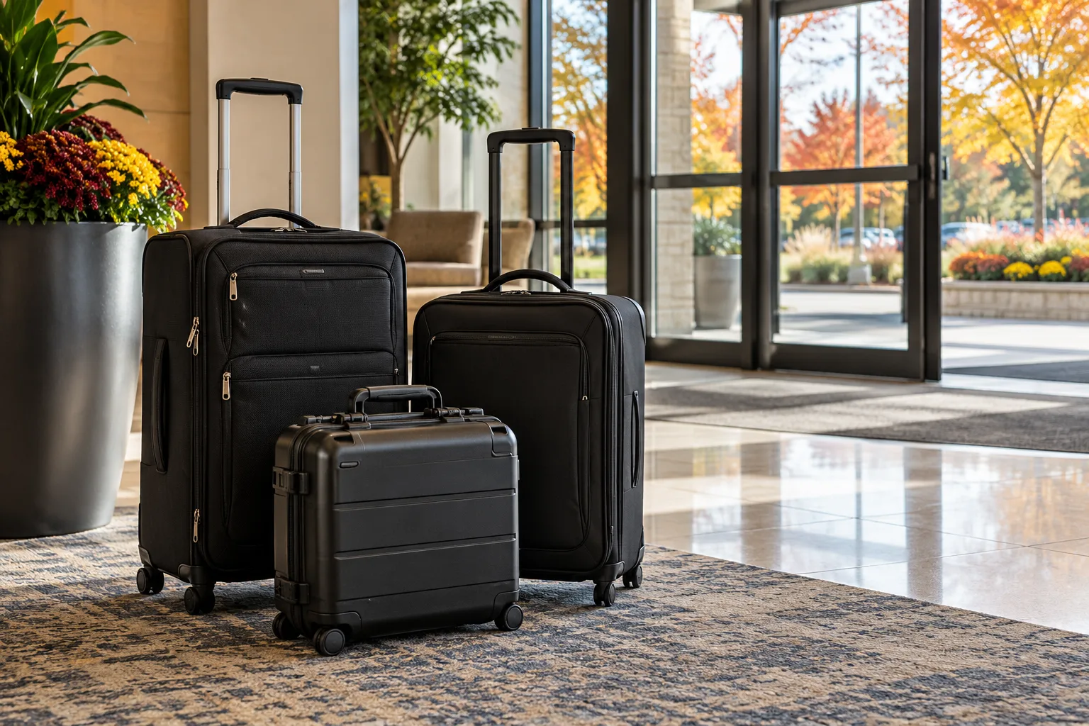 Suitcases and a sample case in a hotel foyer - Go Chicago Limo Two black suitcases and a compact hard-sided rolling case in a bright hotel foyer