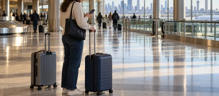 Traveler with two rolling suitcases checking a phone in an illustrative Chicago airport hall