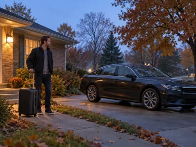 Traveler with a rolling suitcase outside a brick home beside a dark sedan at dawn