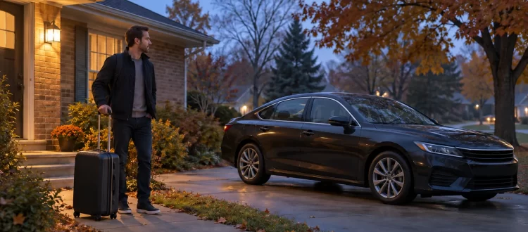 Traveler with a rolling suitcase outside a brick home beside a dark sedan at dawn