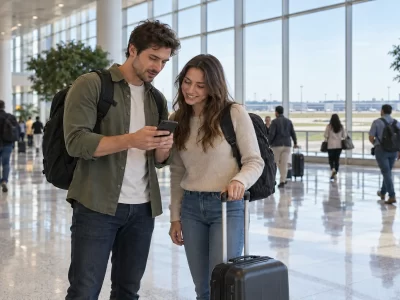 Two travelers with backpacks and a carry-on checking a phone in a public airport hall