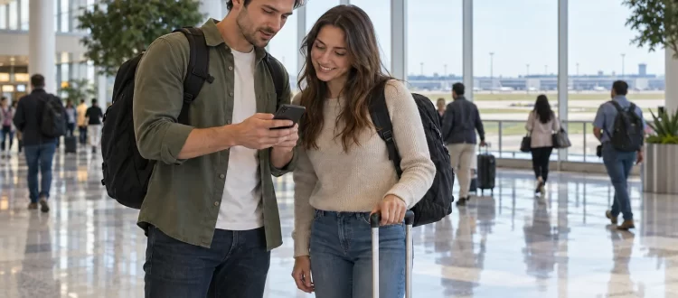 Two travelers with backpacks and a carry-on checking a phone in a public airport hall