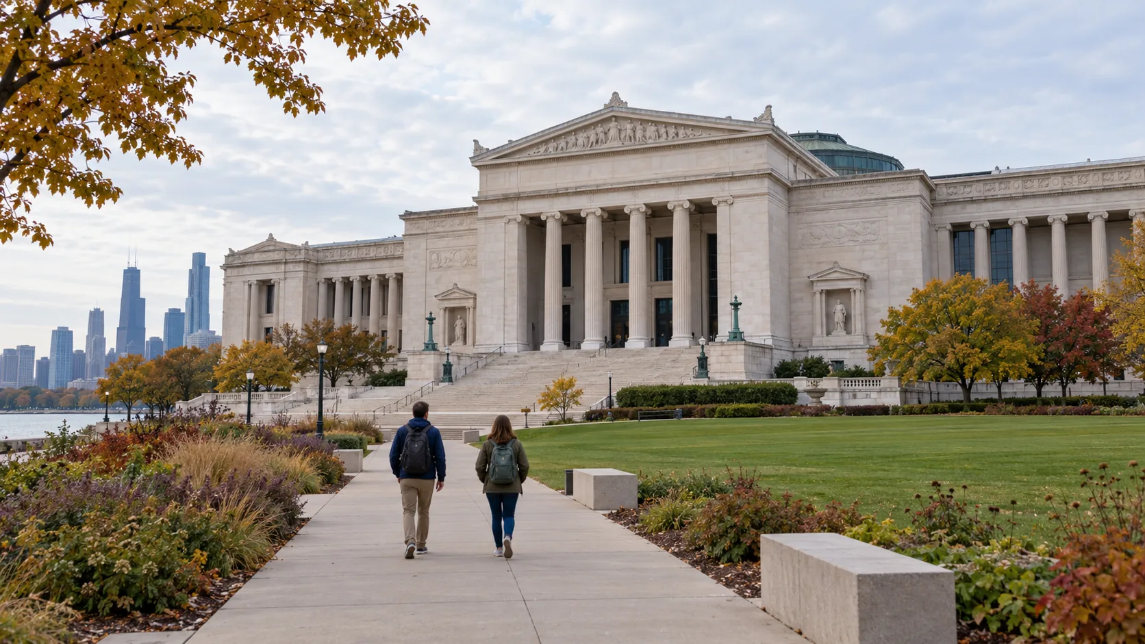 Approaching the Field Museum in autumn - Go Chicago Limo Visitors with daypacks walking on a path toward a classical museum facade