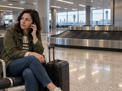 A traveler with a carry-on suitcase making a phone call beside an empty baggage carousel