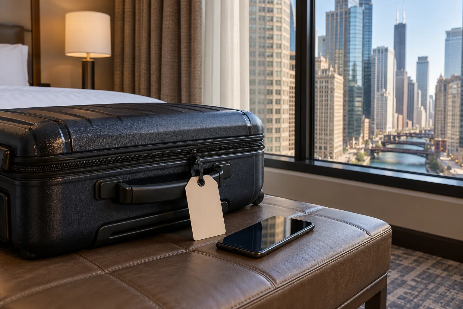 Keeping arrival details accessible - Go Chicago Limo A suitcase with a blank luggage tag and phone on a hotel bench overlooking Chicago