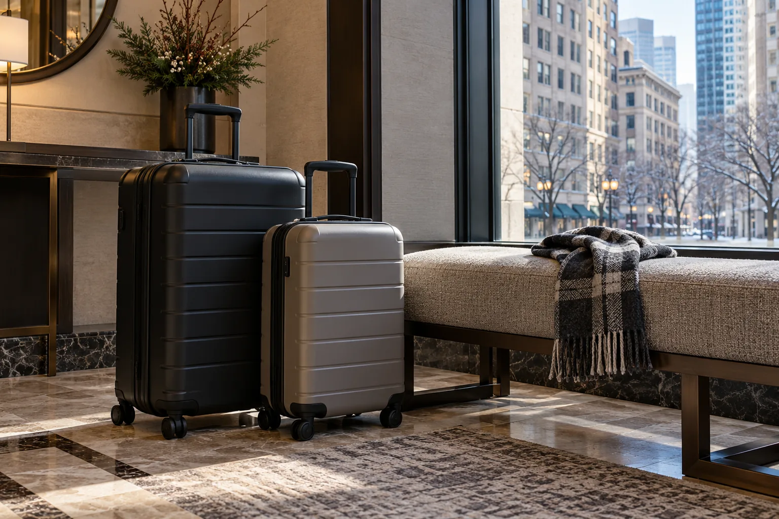 Leaving bags at a confirmed hotel stop - Go Chicago Limo Two rolling suitcases beside a hotel bench with a scarf and downtown buildings outside