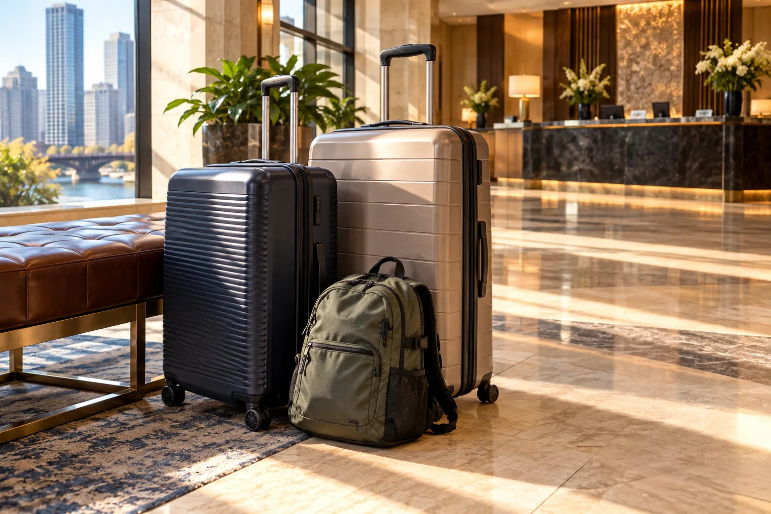 Two rolling suitcases and a backpack beside a bench in a Chicago-inspired hotel lobby