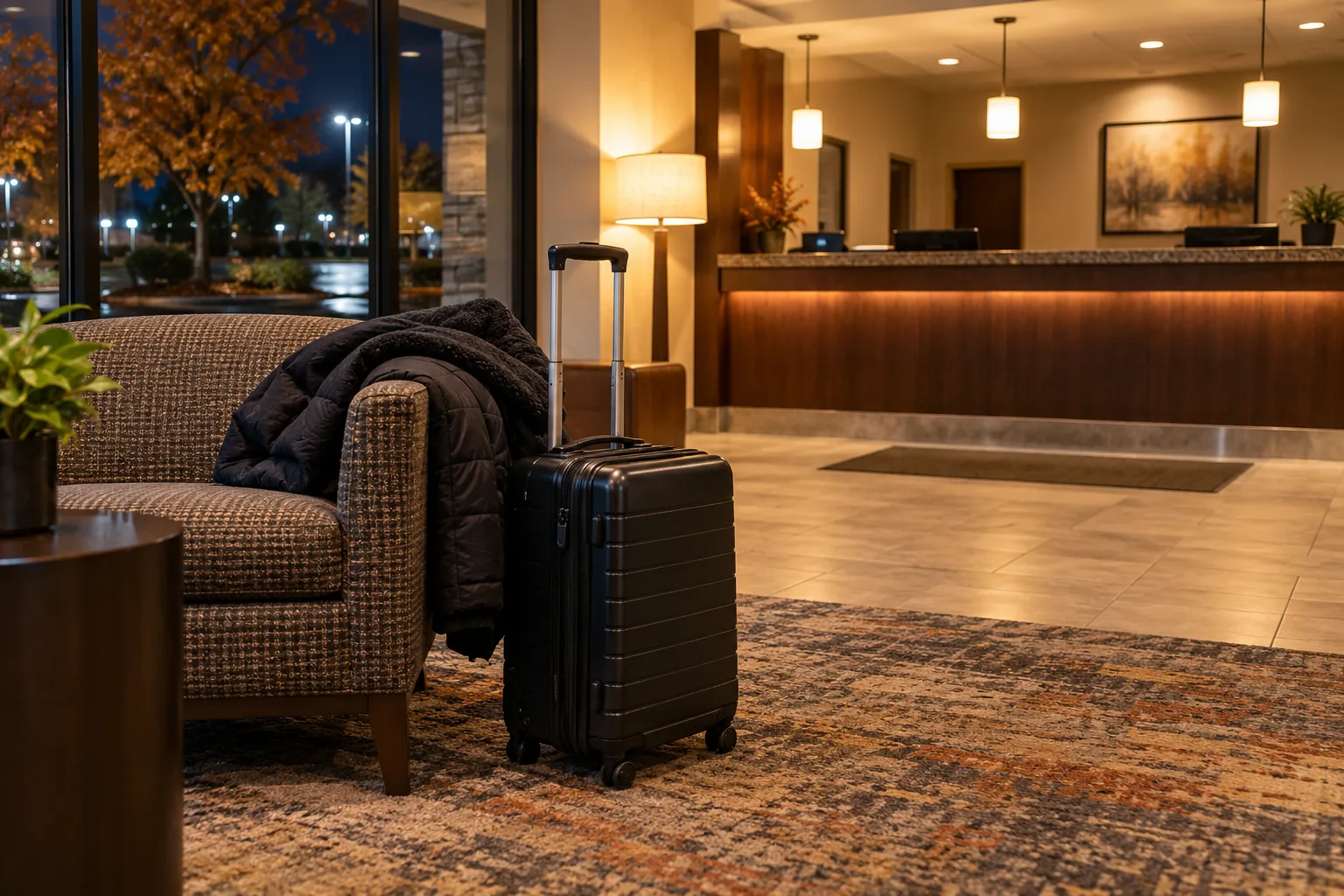 Luggage ready in a hotel lobby - Go Chicago Limo Rolling suitcase and coat beside a hotel lobby chair with the reception counter behind