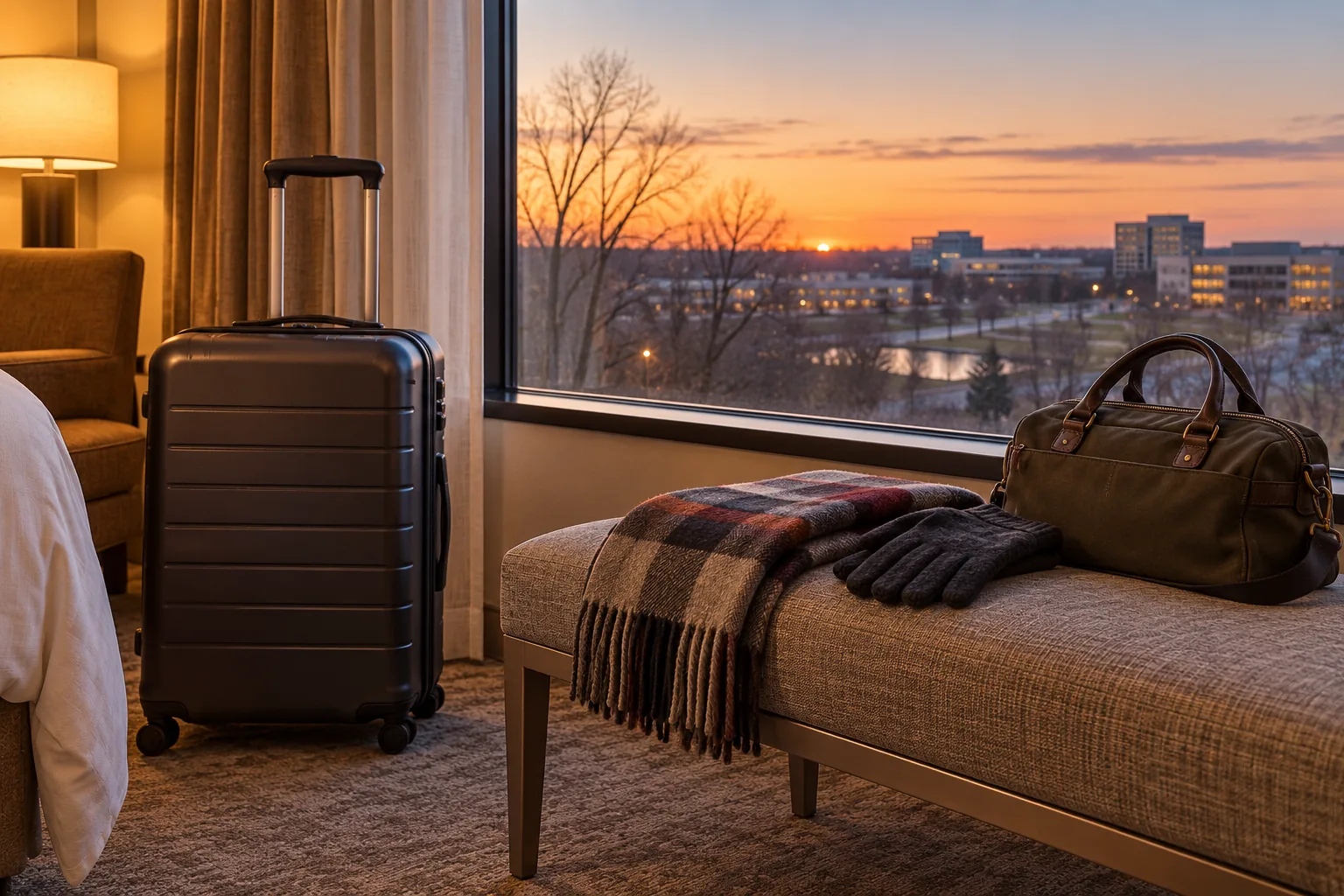 Winter outing bag at the hotel - Go Chicago Limo Suitcase, scarf, gloves and small bag beside a hotel room window