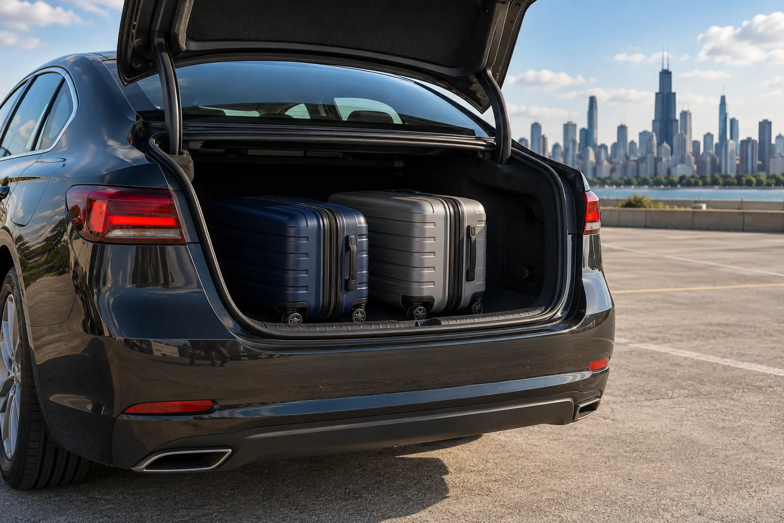 Two hard-sided suitcases inside the open trunk of a dark sedan with Chicago skyline beyond