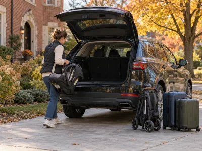 An adult holding an empty infant car seat beside an open SUV with a folded stroller and two suitcases